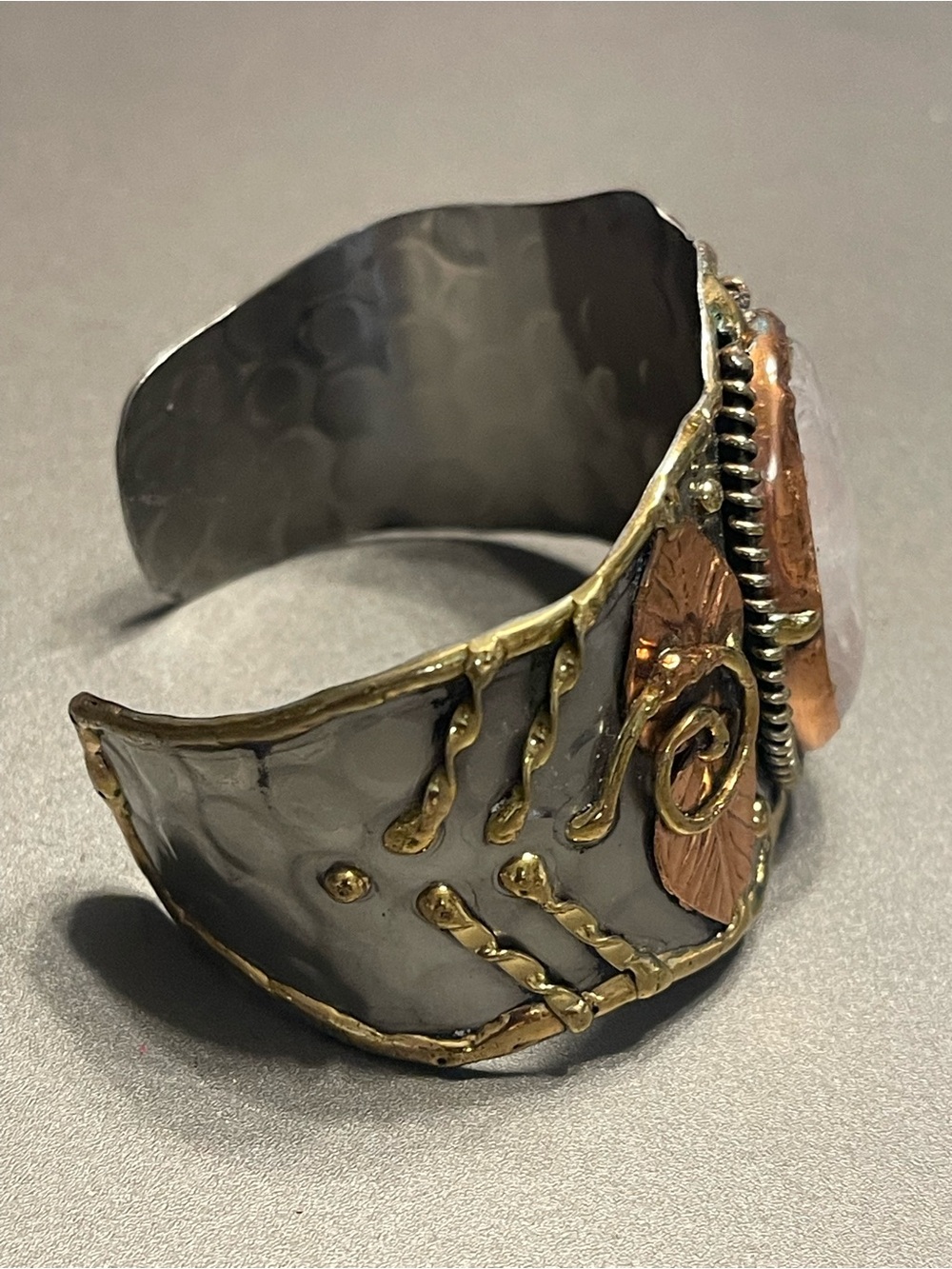 Handcrafted Rose Quartz and Mixed Metal Leaf Cuff Bracelet - Picture 2 of 2